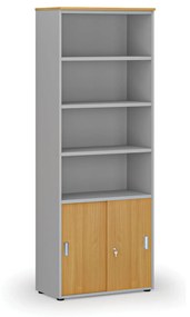 Kombinovaná kancelárska skriňa PRIMO GRAY, zasúvacie dvere na 2 poschodia, 2128 x 800 x 420 mm, sivá/buk