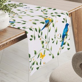 Biante Bavlnený behúň na stôl Sandra SA-501 Modré vtáky a vetvičky na bielom 35x160 cm