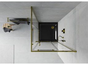 Mexen Rio, štvorcový sprchovací kút s posuvnými dverami 80(dvere) x 80(dvere) x 190 cm, 6mm číre sklo, zlatý profil + čierna sprchová vanička SLIM, 860-080-080-50-00-4070G