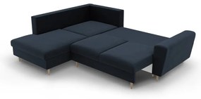 Tmavomodrá zamatová rozkladacia/s úložným priestorom rohová pohovka (ľavý roh/do L) Kyoto – Cosmopolitan Design