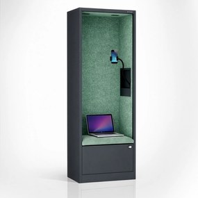 Kancelárska akustická kabína so sedadlom a portom USB-C, telo v antracitovej farbe / sedadlo v zelenej farbe, 600 mm: SALLY MentalBox