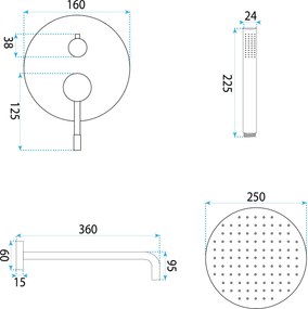 Rea Lungo Diamond, podomietkový sprchový set s dažďovou hlavovou a ručnou sprchou, chrómová, REA-P6963
