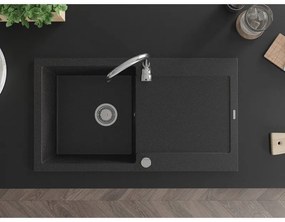 Mexen Leo, 1-komorový granitový drez s odkvapkávačom 90x50 cm a kuchynskou batériou Telma, čierna-strieborná metalik, 6501-73-670200-00