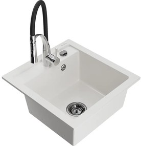 Mexen Vito, 1-komorový granitový drez 490x520x210 mm a drezová batéria Aster, biela, 6503-20-73450-07-B