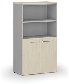 Kombinovaná kancelárska skriňa PRIMO GRAY, dvere na 2 poschodia, 1434 x 800 x 420 mm, sivá/breza