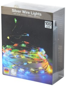 vianočné LED Svetielka strieborný drôtik farebné 100LED na baterky vnútorne s časovačom