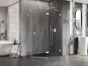 Mexen Lunar, pravý výklopný päťuholníkový sprchový kút 90 x 80 cm, 8mm číre sklo, biely profil, 831-090P-080L-20-00-P