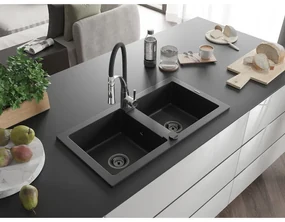 Mexen Mario, granitový drez 820x436x161 mm, 2-komorový a drezová batéria Aster, čierna, 6504-77-73450-07-B
