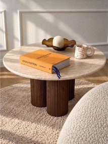 Okrúhly konferenčný stolík Massia 80 cm do obývačky - travertín / orech