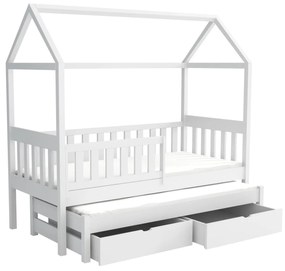 Detská domčeková posteľ z masívu borovice REVOLUT s prístelkou a šuplíky - 200x90 cm - biela