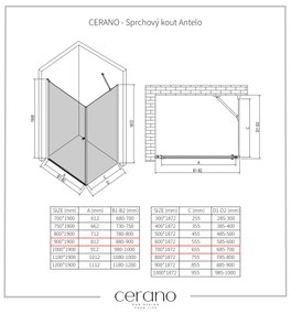 CERANO - Sprchovací kút Antelo L/P - 6 mm - čierna matná, transparentné sklo - 90x70 cm - krídlový, CER-CER-8050BD7502