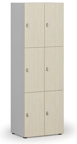 Drevená šatníková skrinka s úložnými boxmi, 6 boxov, otočný zámok, sivá/breza