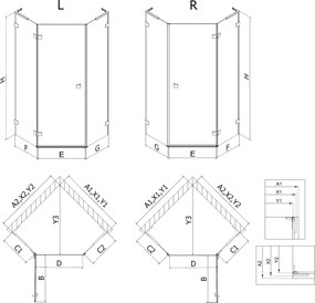 Mexen Lunar, L päťuholníkový sprchový kút s pravým sklonom 80 x 80 cm, 8mm číre sklo, profil medená matná, 831L-080P-080L-65-00-P