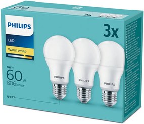 Sada 3x LED Žiarovka Philips E27/9W/230V 2700K