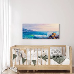 Obraz vĺn narážajúcich na útesy, olejomaľba (120x50 cm)
