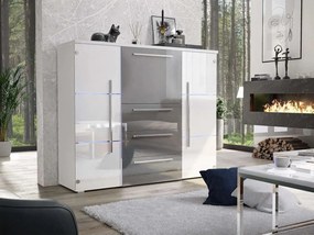 KOMODA BEATE LED BIELÁ + ŠEDÉ ZÁSUVKY VYSOKÝ LESK 136 cm