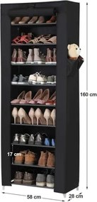 Úložný regál s veľkou kapacitou, botník 10-úrovňový, 28 x 58 x 160 cm, čierny