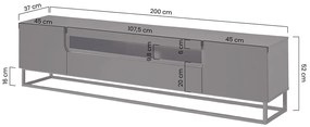 TV stolík Loftia 200 cm na kovovom ráme - čierny / čierny mat
