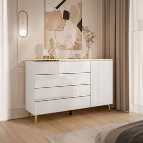 KOMODA NESSIE 3 NA NOŽIČKÁCH BIELY LESK + ZLATÁ 140 cm