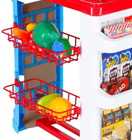 KIK Detský supermarket – súprava 47 dielov, pokladňa s čítačkou čiarových kódov a vozíkom