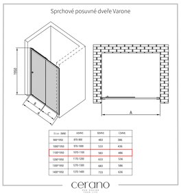 Cerano Varone, sprchovací kút s posuvnými dverami 110 (dvere) x 70 (stena) x 195 cm, 6mm šedé sklo, čierny profil, CER-CER-429607