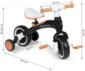 Balančný bicykel s pedálmi + tréningové postranné kolieska 3v1 čierne, ECOTOYS