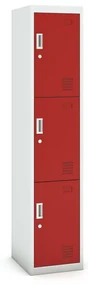 Šatníková skrinka s úložnými boxami, 3 boxy, 1800 x 380 x 450 mm, cylindrický zámok, sivá/červená
