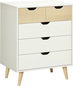 HOMCOM 5-zásuvková komoda s vyvýšenými nohami pre spálňu, obývaciu izbu a kanceláriu, moderný štýl, proti prevrhnutiu 60x40x77,5 cm, prírodná a biela
