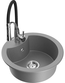 Mexen Diego, 1-komorový granitový drez 488x488x167 mm a drezová batéria Aster, šedá, 6512-71-73450-07
