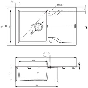 Deante Andante, granitový drez 780x490x194 mm + priestorovo úsporný sifón, 1-komorový, grafitová, ZQN_2113