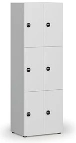 Drevená šatníková skrinka s úložnými boxmi, 6 boxov, demont, RFID zámok, sivá/biela