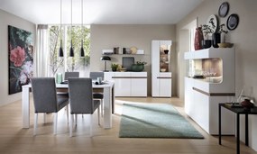 Vysoká vitrína Linate, biely lesk/dub, ľavé dvere