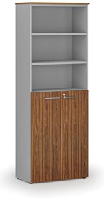 Kombinovaná kancelárska skriňa PRIMO GRAY, dvere na 3 poschodia, 800 x 420 x 2128 mm, sivá/orech