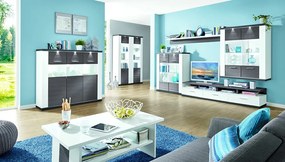 Široká vitrína Caracas typ 22, grafit/biely lesk, s osvetlením