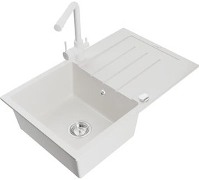 Mexen Bruno, 1-komorový granitový drez s odkvapkávačom 795x495x200 mm a biela batéria Duero, biela, 6513-20-671600-20