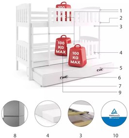 Poschodová posteľ s prístelkou KUBO 3 200x90 biela