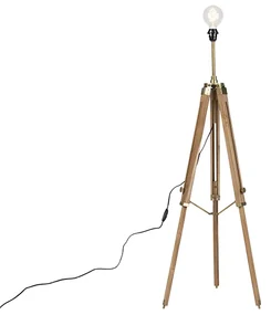 Rustikálna stojaca lampa trojnožka drevo s antickou mosadzou - Cortin
