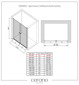 Cerano Antelo, 2-krídlové sprchové dvere do otvoru 76x190 cm, 6mm číre sklo, čierny profil, CER-CER-432340