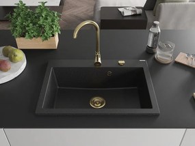 Mexen Elix, 1-korový granitový drez 700 x 500 mm, čierna/strieborná metalíza, zlatý sifón, 6526701005-73-G