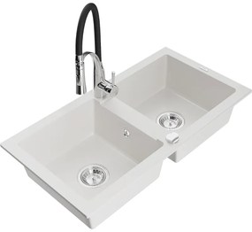 Mexen Mario, granitový drez 820x436x161 mm, 2-komorový a drezová batéria Aster, biela, 6504-20-73450-07