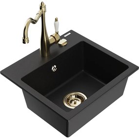Mexen Milo, granitový drez 435x410x171 mm, 1-komorový a drezová batéria Carla, čierna, 6505-77-670700-50