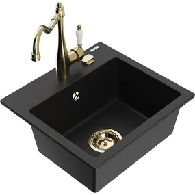 Mexen Milo, granitový drez 435x410x171 mm, 1-komorový a drezová batéria Carla, čierna, 6505-77-670700-50