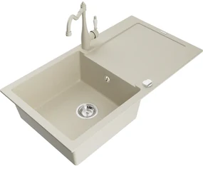 Mexen Leo, granitový drez 900x500x190 mm, 1-komorový a drezová batéria Carla, béžová, 6501-69-670700-69