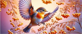 Obraz - Vták s jarabinou (120x50 cm)