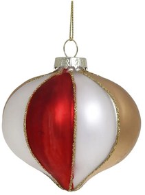 Bielo-červená sklenená vianočná ozdoba banka s pruhmi - 8 cm