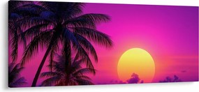 Obraz - Fialový západ s palmou (120x50 cm)