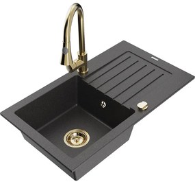 Mexen Pablo, 1-komorový granitový drez 752x436x161 mm a drezová batéria Elia, čierna škvrnitá, 6510-76-670101-50