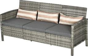 Outsunny Ratanová sedačka s vankúšmi, pre 3 osoby, Záhradná lounge sedačka, Oceľ, Šedá, 173 x 68 x 78 cm | Aosom