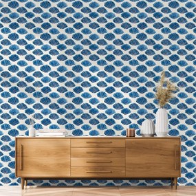 Tapeta modré mušle na bielom pozadí