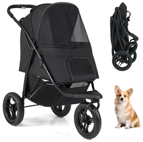 Skladací kočík pre psa do 25 kg s nastaviteľnou slnečnou strieškou, 3-kolesový kočík pre psa, čierny